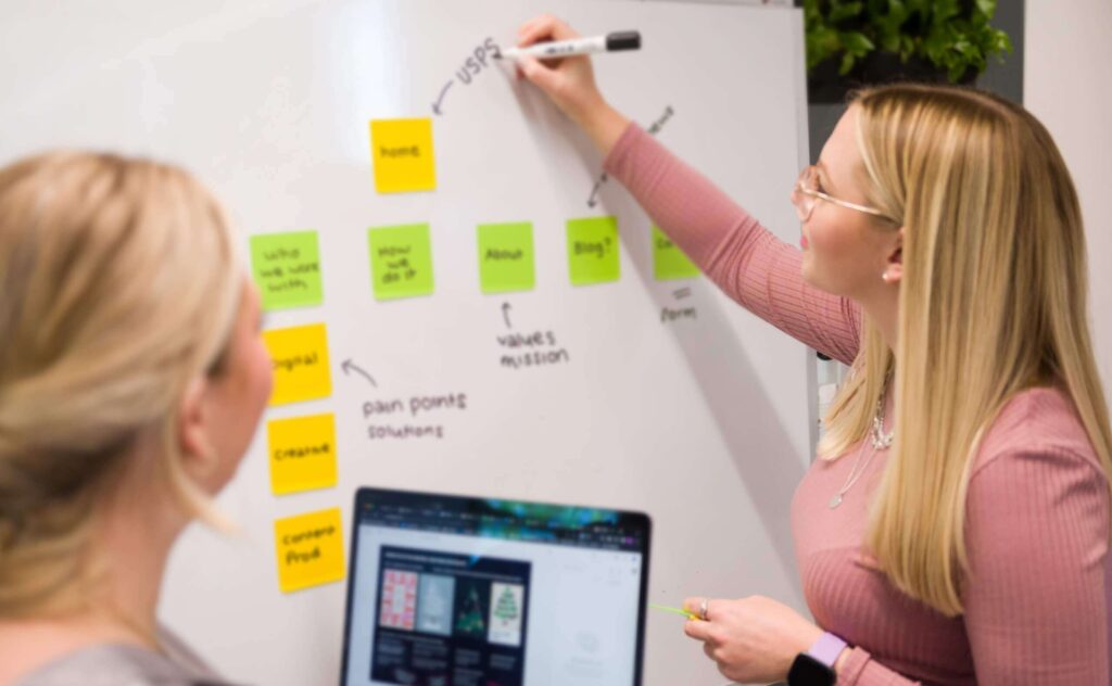 two women creating a user friendly sitemap on a whiteboard with sticky notes