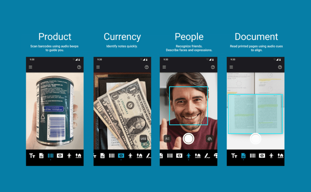 Microsoft Seeing AI app showing four images next to each other on a blue background. From left to right the images and corresponding text is: An image of a can of tomatoes with the text reading: product, scan barcodes using audio beeps to guide you. An image of united states dollars with the text reading: currency, identify notes quickly. An image of a man with the text: Recognise friends, describe faces and expressions. An image of a book with the text: document, read printed pages using audio cues to align. 