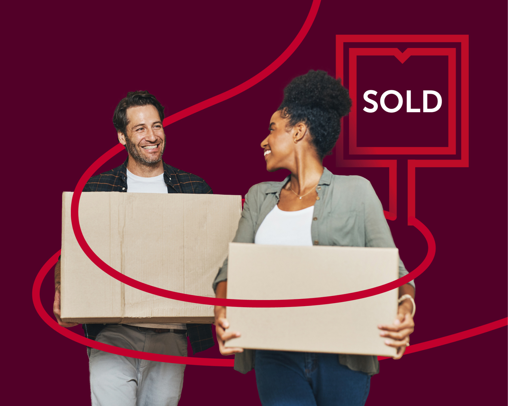 Smiling people carrying boxes with a sold sign in background